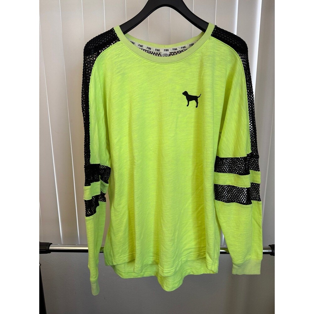 Women’s Victoria's Secret PINK Neon Yellow w/ Black Mesh Long Sleeve Size Large